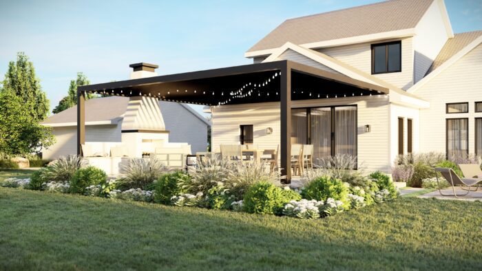 Modern Prairie Landscape Design for back yard featuring a black pergola. 
