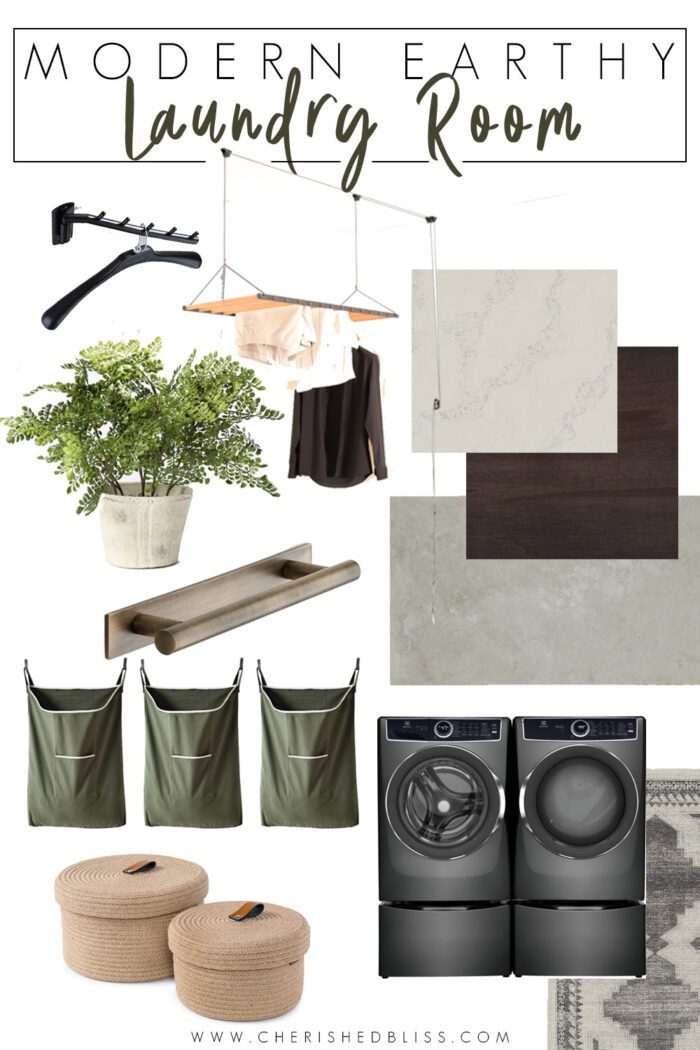 Modern Earthy Laundry Room Design Board with core design elements along with functional accessories to keep your space organized! 